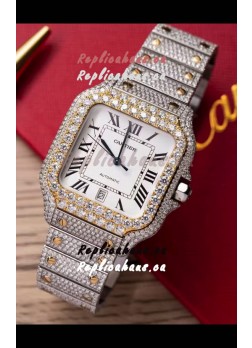 Santos De Cartier Watch in White Dial MOSSANITES Paved Edition Swiss Replica Watch