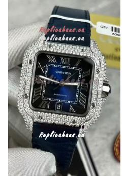 Santos De Cartier Watch in Blue Dial 39.50MM MOSSANITES Paved Bezel Swiss Replica Watch