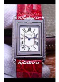 Cartier Tank Reversible Swiss Quartz Replica Watch in Steel Casing - Red Strap