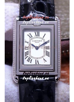 Cartier Tank Reversible Swiss Quartz Replica Watch in Steel Casing - Black Strap