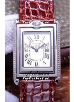 Cartier Tank Reversible Swiss Quartz Replica Watch in Steel Casing - Brown Strap