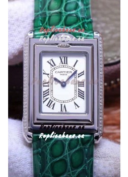 Cartier Tank Reversible Swiss Quartz Replica Watch in Steel Casing - Green Strap