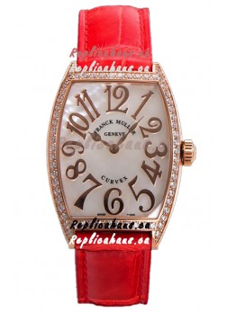 Franck Muller Cintree Curvex Mother of Pearl Dial Watch in Rose Gold Plating - Red Strap 