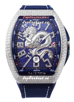 Franck Muller Vanguard Yachting Dragon V45 Blue Dial in Diamonds Bezel Swiss Replica
