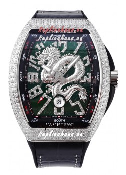 Franck Muller Vanguard Yachting Dragon V45 Green Dial in Diamonds Bezel Swiss Replica
