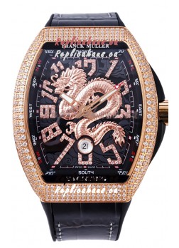 Franck Muller Vanguard Yachting Dragon V45 Black Dial in Gold Diamonds Bezel Swiss Replica
