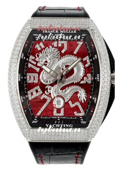 Franck Muller Vanguard Yachting Dragon V45 Red Dial in Rounded Diamonds Bezel Swiss Replica