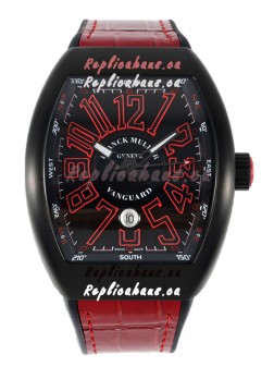 Franck Muller Vanguard in DLC Coated Casing Black Dial Swiss Replica Red Strap 