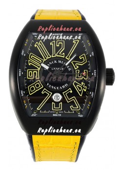 Franck Muller Vanguard in DLC Coated Casing Black Dial Swiss Replica Yellow Strap 