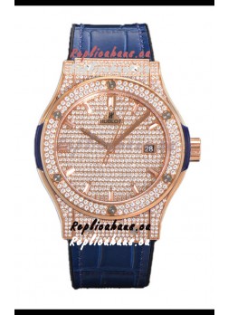 Hublot Classic Fusion Automatic Rose Gold Diamonds Paved Dial Blue Strap 42MM Superclone Replica Watch 