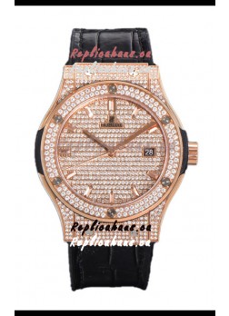 Hublot Classic Fusion Automatic Rose Gold Diamonds Paved Dial Grey Strap 42MM Superclone Replica Watch 