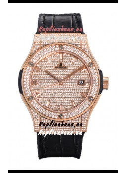 Hublot Classic Fusion Automatic Rose Gold Diamonds Paved Dial Black Strap 42MM Superclone Replica Watch 
