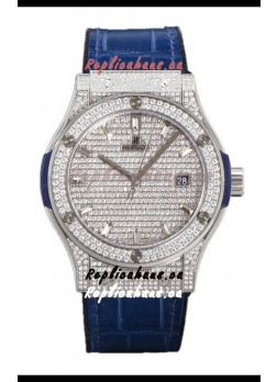 Hublot Classic Fusion Automatic Steel Diamonds Paved Dial Blue Strap 42MM Superclone Replica Watch 