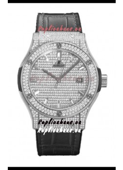 Hublot Classic Fusion Automatic Steel Diamonds Paved Dial Grey Strap 42MM Superclone Replica Watch 