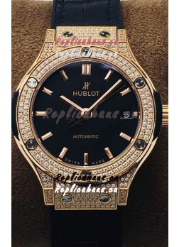 Hublot Classic Fusion Diamonds Rose Gold Black Dial 38MM Swiss Replica Watch 1:1 Mirror Quality