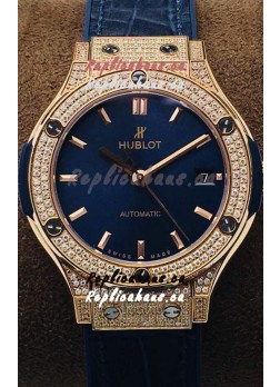 Hublot Classic Fusion Diamonds Rose Gold Blue Dial 38MM Swiss Replica Watch 1:1 Mirror Quality