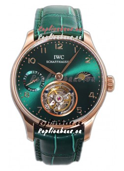 IWC Portugese Hand-Wound Genuine Tourbillon Green Dial Rose Gold Casing Swiss Replica Watch 
