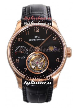 IWC Portugese Hand-Wound Genuine Tourbillon Black Dial Rose Gold Casing Swiss Replica Watch 
