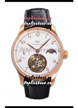 IWC Portugese Hand-Wound Genuine Tourbillon White Dial Rose Gold Casing Swiss Replica Watch 