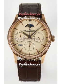 Jaeger LeCoultre Super Clone Master Ultra-Thin Perpetual Calendar Cream Dial Diamonds Bezel Watch
