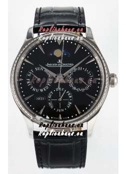 Jaeger LeCoultre Super Clone Master Ultra-Thin Perpetual Calendar Black Dial Diamonds Watch