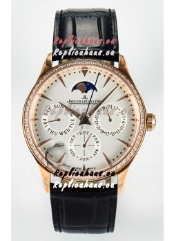 Jaeger LeCoultre Super Clone Master Ultra-Thin Perpetual Calendar White Dial Diamonds Bezel Watch