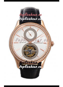 Jaeger LeCoultre Master Ultra-Thin Tourbillon White Dial Rose Gold Casing Watch 