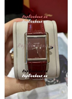 Must De Cartier Tank Edition Watch in 904L Stainless Steel Casing Maroon Dial