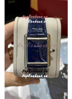 Must De Cartier Tank Edition Watch in 904L Stainless Steel Casing Dark Blue Dial