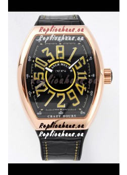 Franck Muller Vanguard Crazy Hours in Rose Gold Plating - Black Dial Swiss Replica Watch 