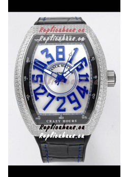 Franck Muller Vanguard Crazy Hours in Stainless Steel Diamonds - White Dial Swiss Replica Watch 