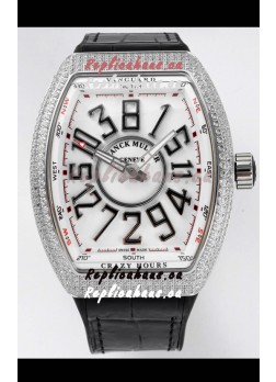 Franck Muller Vanguard Crazy Hours in Stainless Steel Diamonds - White Dial Swiss Replica Watch 