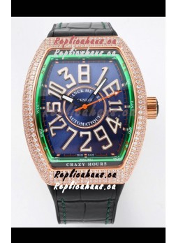 Franck Muller Vanguard Crazy Hours Rose Gold Diamonds - Steel Blue Dial Swiss Replica Watch 