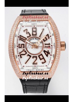 Franck Muller Vanguard Crazy Hours Rose Gold Diamonds - White Dial Swiss Replica Watch 