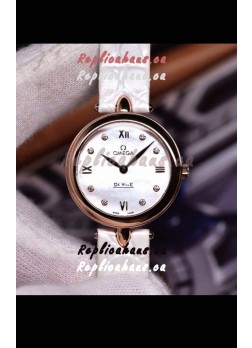 Omega De Ville Prestige Dewdrop Edition Swiss Quartz Watch in Rose Gold White Strap