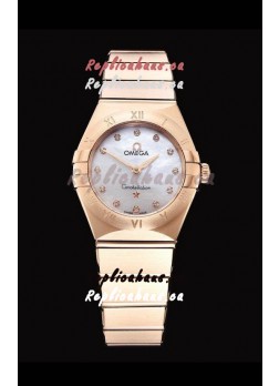 Omega Constellation Ladies Swiss Quartz 1:1 Mirror Replica - Rose Gold Casing White Pearl Dial