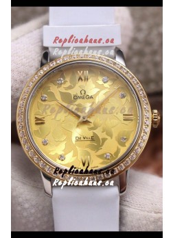 Omega De Ville Floral Dial Swiss Quartz Movement in Two Tone Casing - Gold Dial