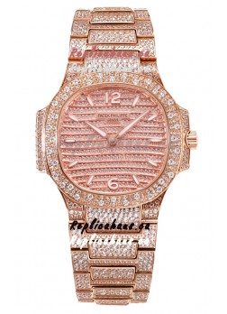 Patek Philippe Nautilus 7118R 35MM 1:1 Diamonds Paved Watch in Rose Gold Casing