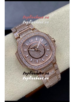 Patek Philippe Nautilus 7010 Diamonds Paved Rose Gold 32MM 1:1 Mirror Replica - Genuine Diamonds