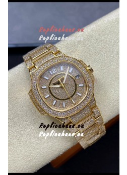 Patek Philippe Nautilus 7010 Diamonds Paved Yellow Gold 32MM 1:1 Mirror Replica - Genuine Diamonds