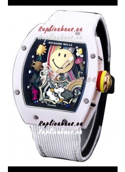 Richard Mille RM088 Smiley Tourbillon White Ceramic Casing Nylon Strap Replica Watch 