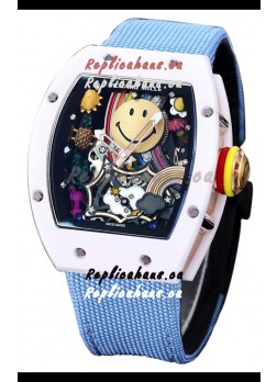Richard Mille RM088 Smiley Tourbillon White Ceramic Casing Blue Nylon Strap Replica Watch 