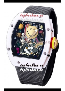 Richard Mille RM088 Smiley Tourbillon White Ceramic Casing Grey Nylon Strap Replica Watch 