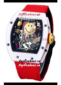 Richard Mille RM088 Smiley Tourbillon White Ceramic Casing Red Nylon Strap Replica Watch 