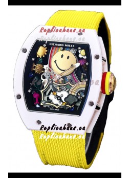 Richard Mille RM088 Smiley Tourbillon White Ceramic Casing Yellow Nylon Strap Replica Watch 