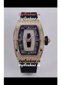 Richard Mille Super Clone RM07-01 Diamonds Paved 904L Rose Gold Casing Automatic Replica Watch