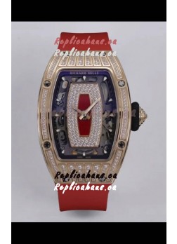 Richard Mille Super Clone RM07-01 Diamonds Paved 904L Rose Gold Casing Automatic Replica Watch
