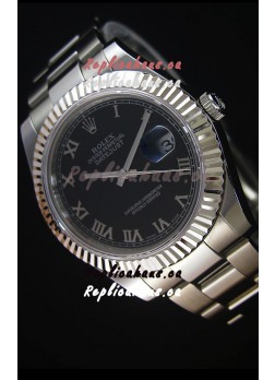 Rolex Datejust Japanese Replica Watch - Black Dial Roman Markers in 41MM with Oyster Strap