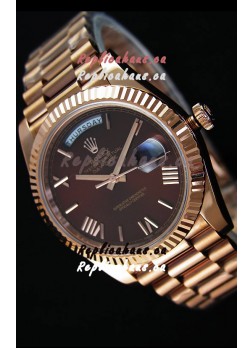 Rolex Day Date Japanese Replica Watch - Rose Gold Casing in Maroon Dial 40MM