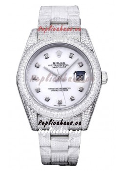 Rolex Datejust 41MM Swiss Replica - Iced Out Edition in White Pearl Dial